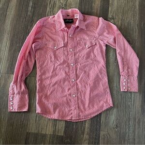White Horse red and white gingham check pearl snap western shirt youth L boys